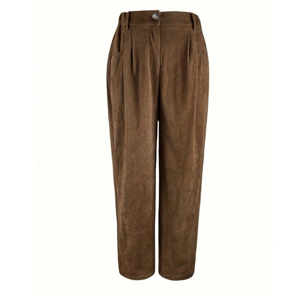 Classic Brown Stretchy Waist Corduroy Straight Leg Pants - Picture 3 of 4